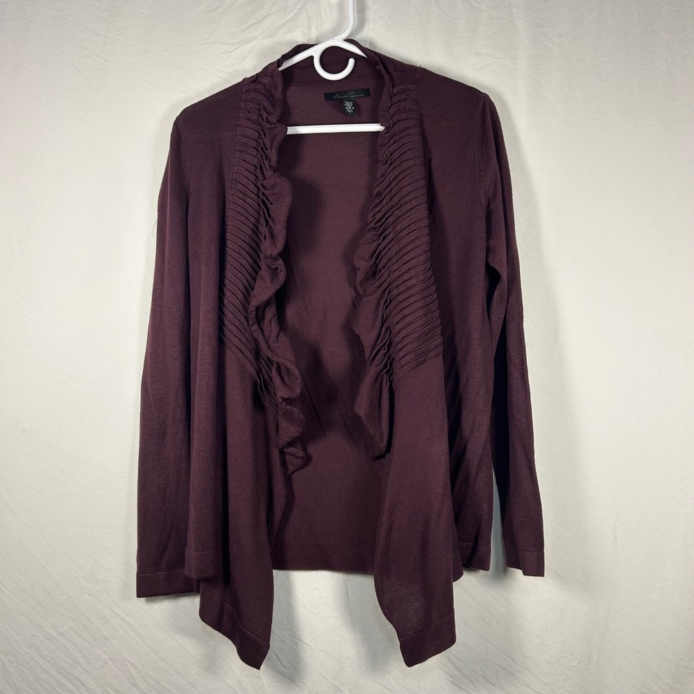 Kenneth Cole Cardigan Sweater Womens Medium Plum Ruffle Open Front Knit